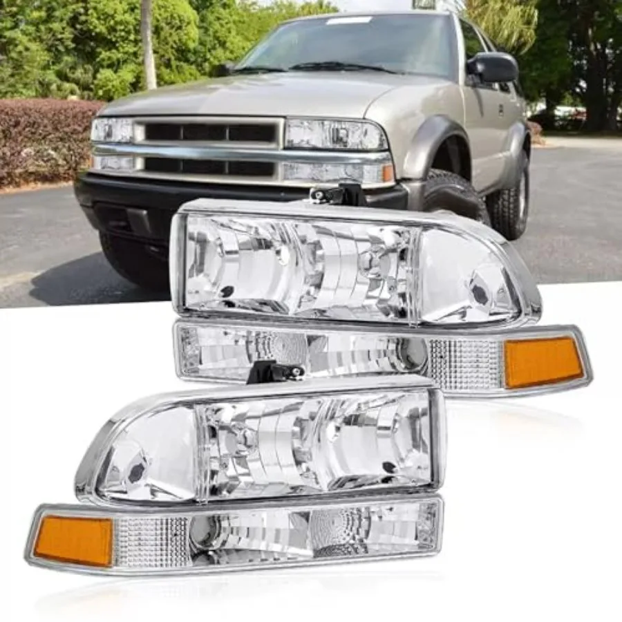 

Headlight Assembly Compatible for 1998-2004 Chevy S10 Pickup/Chevy Blazer SUV Front Lamp Bumper Lights Clear Lens Chrome Housin
