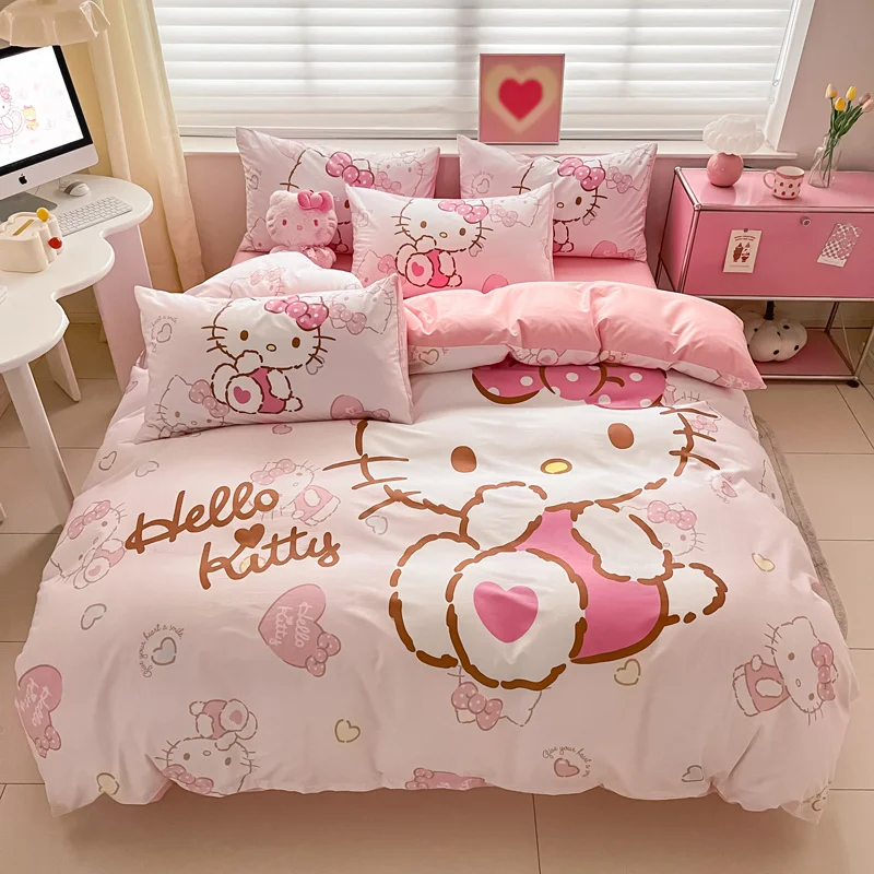 

Hello Kitty 4-Piece Cotton Bedding Set For Girls, Cute Cartoon Princess Style Kids Bed Sheets ，Students Dorm Room Supplies