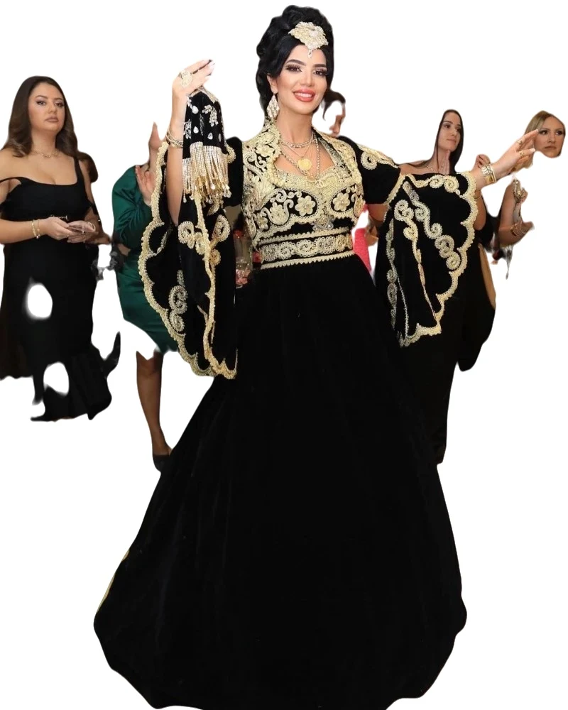 Traditional  Albanian Black Prom Occasion Dresses Long Sleeve Jacket Gold Lace Embroidery German Kosovo Evening Gown customsized