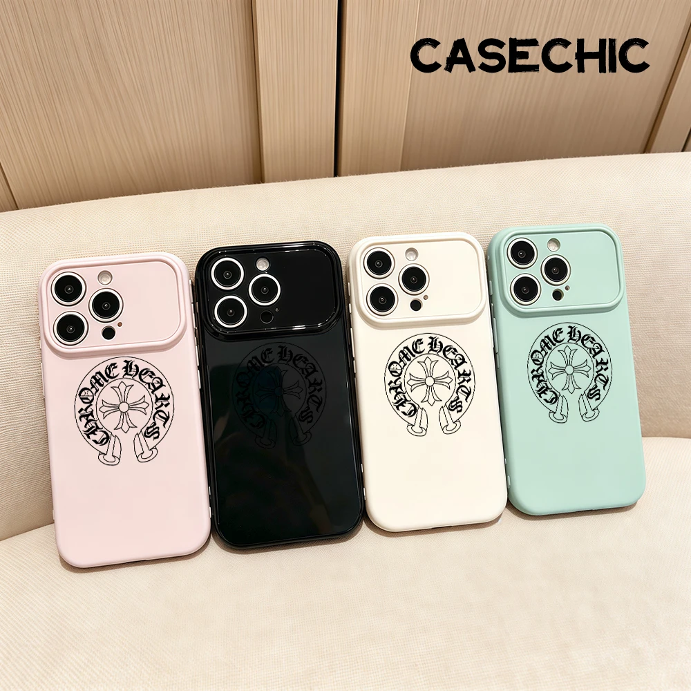 Verzierte Kreuz-Emblem Handyhülle für iPhone 17 16 15 13 12 11 Pro Max 14 Plus Niedlicher Herz-Seitenrahmen Weiche Schutzhülle