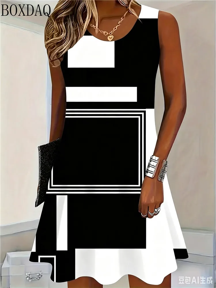 Summer Women's Casual Dresses Geometric Pattern Printed Round Neck Sleeveless Loose Dress