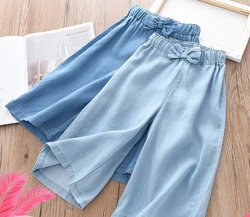 3-12 Years Girls Casual 3/4 Length Summer Thin Soft Jeans Pant with Butterfly Two Colors Girls Calf-Length Trousers