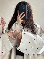 Love Heart Embroidery Muslim Abaya For Women Eid Dress Morocco Ramadan Lace-up Abayas Kaftan Islam Cardigan Dubai Arab Long Robe
