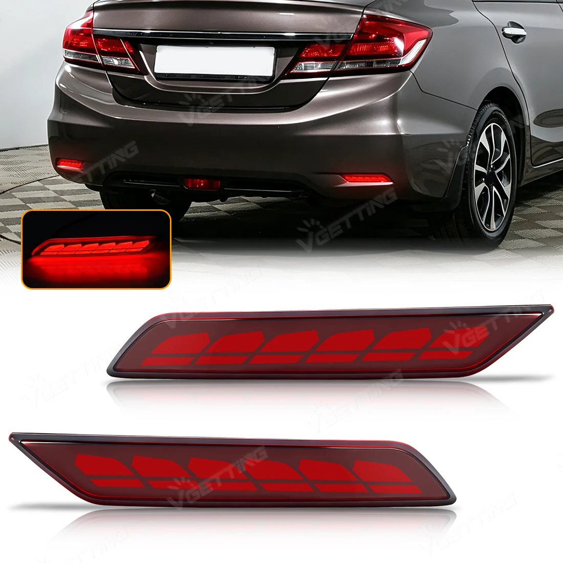 Luces Reflectantes LED para Parachoques Trasero de Honda Civic 2013 2014 2015, Luces de Señal de Giro Fluidas, Luces de Freno, Accesorios para Automóviles
