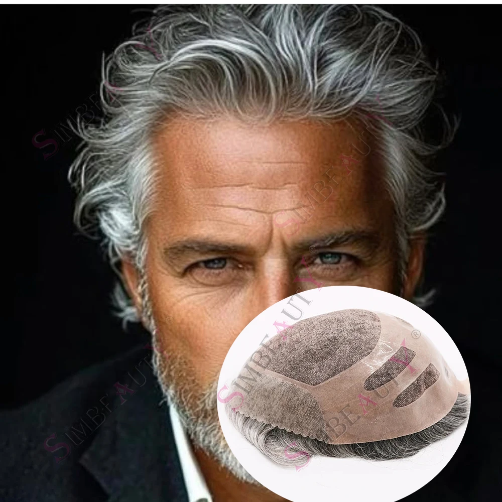 

Прочный мужской парик-накладка из натуральных европейских волос с естественной линией роста волос, на основе из ПУ и тонкого мономатериала, серый 1b80, для замены волос