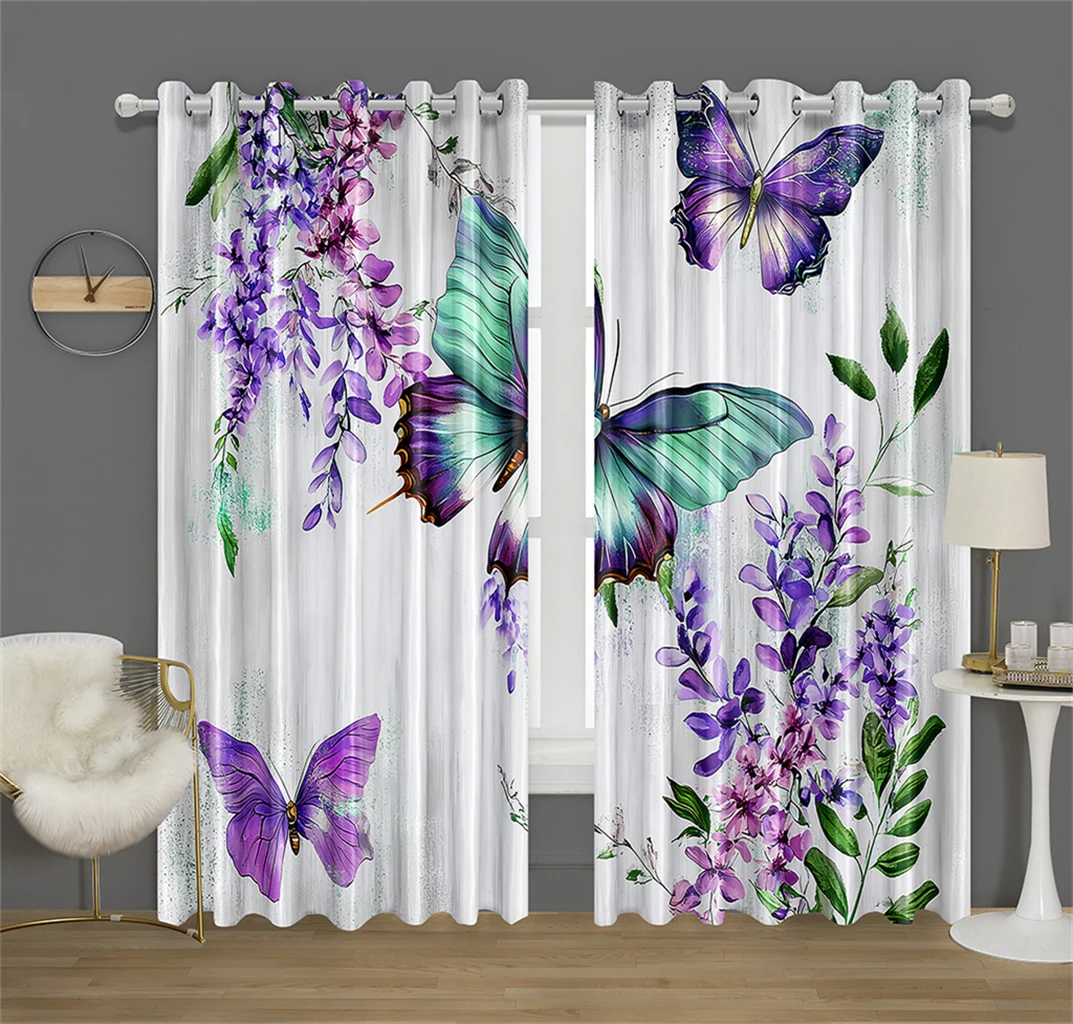 Wisteria Flower Butterfly Kitchen Decor Curtain Wall Style Background Green Leaf Fit Living Room Bedroom Decor 2 Panels