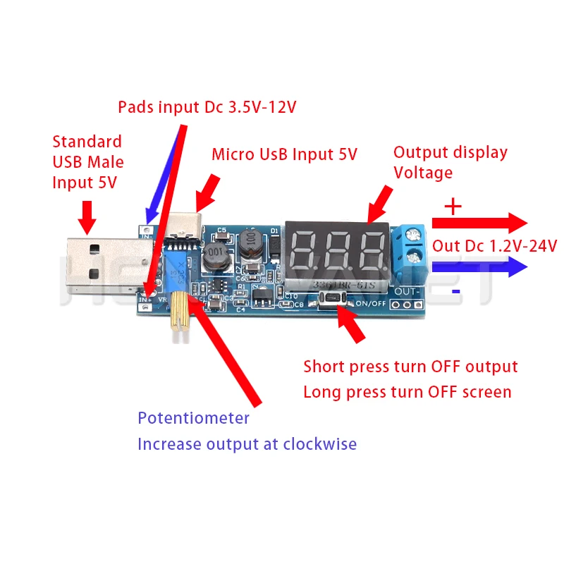 DC-DC 5V to 3.3V / 12V Adjustable Out DC 1.2V-24V Boost Buck Converter USB Step UP / Down Power Supply Module