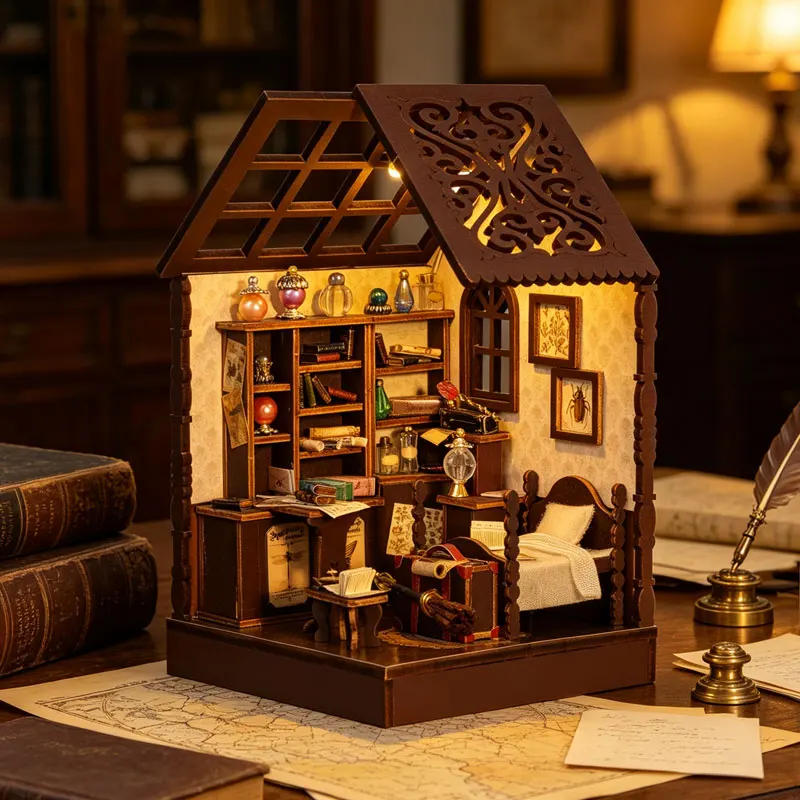 DIY Wooden Book Nook Insert Kit Doll Houses Building Toys Handmade Bookends Bookshelf Decor DollHouses Toys For Birthday Gifts