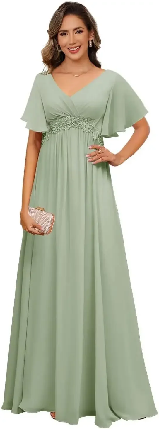 プラスサイズのショートスリーブ、ぽっちゃり女性向けVネックフォーマルドレス、ポケット付きブライズメイドドレス、花嫁の母のドレス