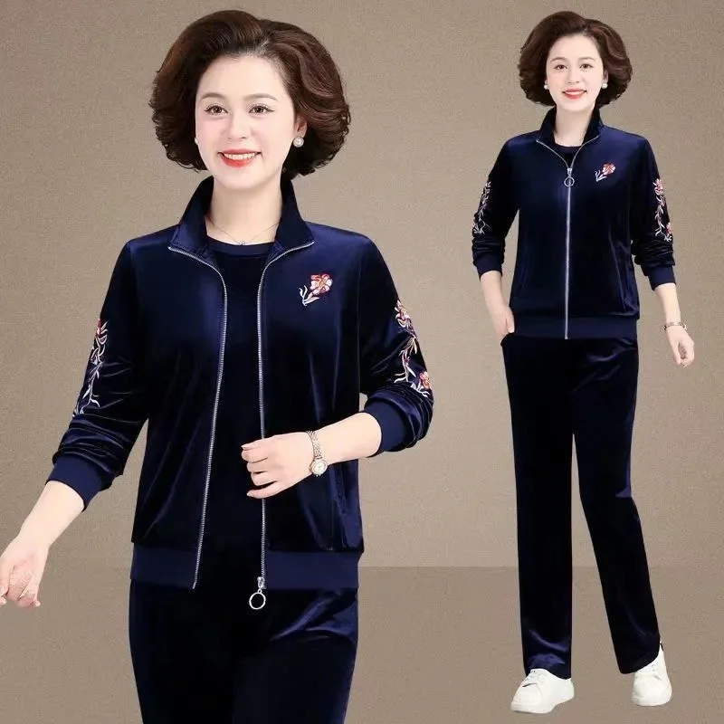 Spring Autumn Golden Velvet Sports 3-piece Set Women's Casual Suit Embroidery Pleuche Coat Straight Trousers Mother 3-piece Sets