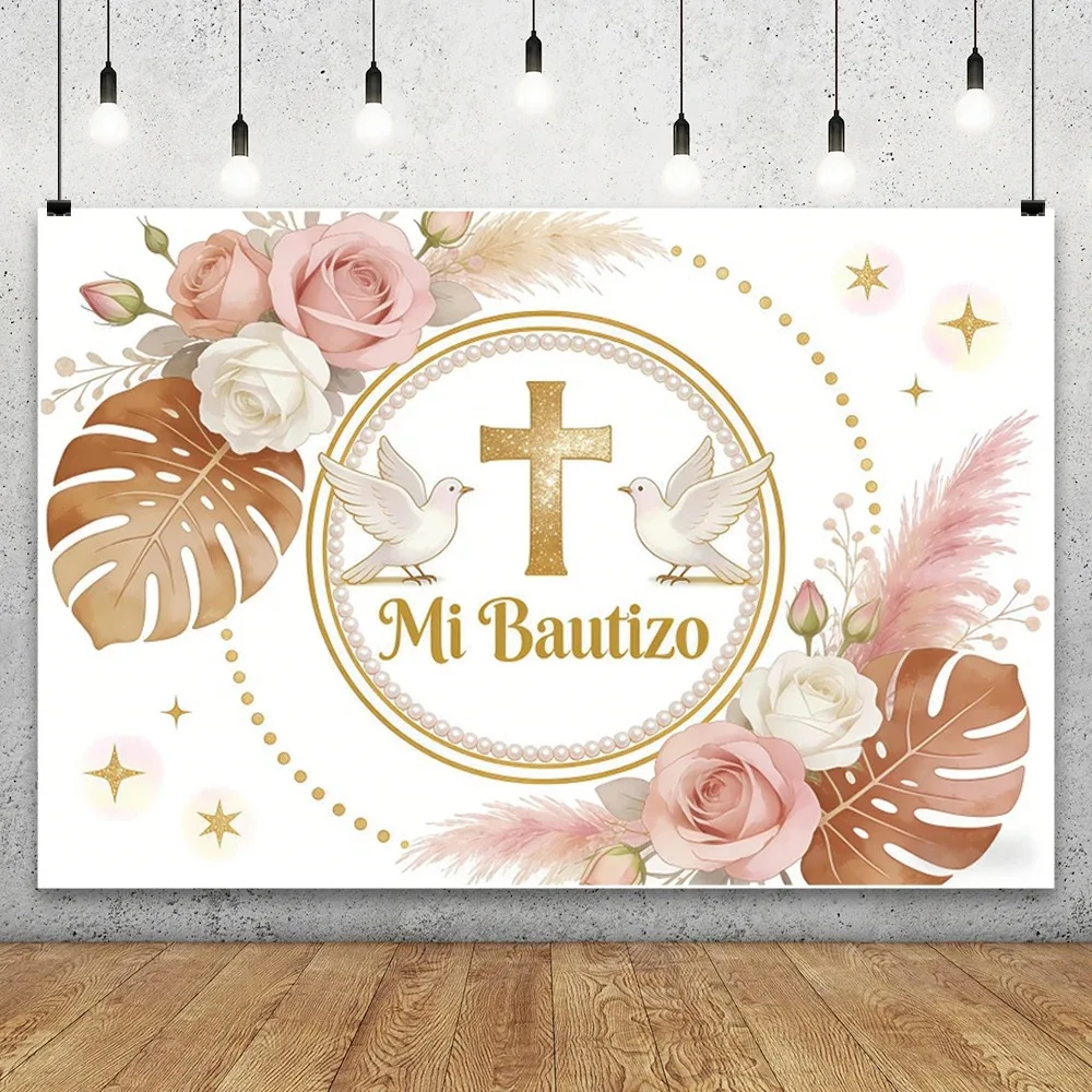 

Bohemian Flowers Leaving Dove Cross Background, First Communion, Children's Birthday Party, Home Decoration Photography Backdrop