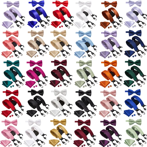 Tirantes de seda Hi-Tie para hombre, conjunto de gemelos y pañuelo con pajarita, Clip trasero en la espalda, pajarita ajustable, boda, negocios, liso