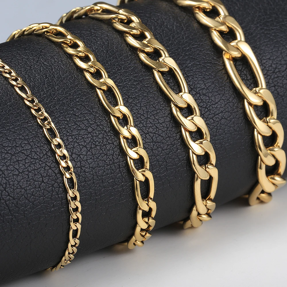 3mm//5mm/7mm/9mm Gold Silver Color Figaro Link Chain Stainless Steel Jewelry Classic Curb Bracelets for Men Women KBM171