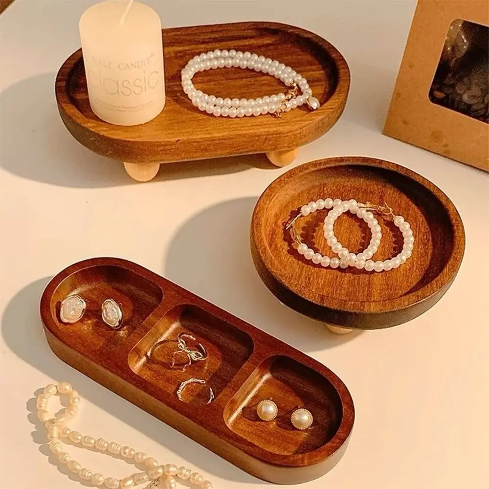 Creative Brown Jewellery Display Trays Wood Round Oval Display Plate Perfume Organizier Desktop Candle Storage Rack Tabletop