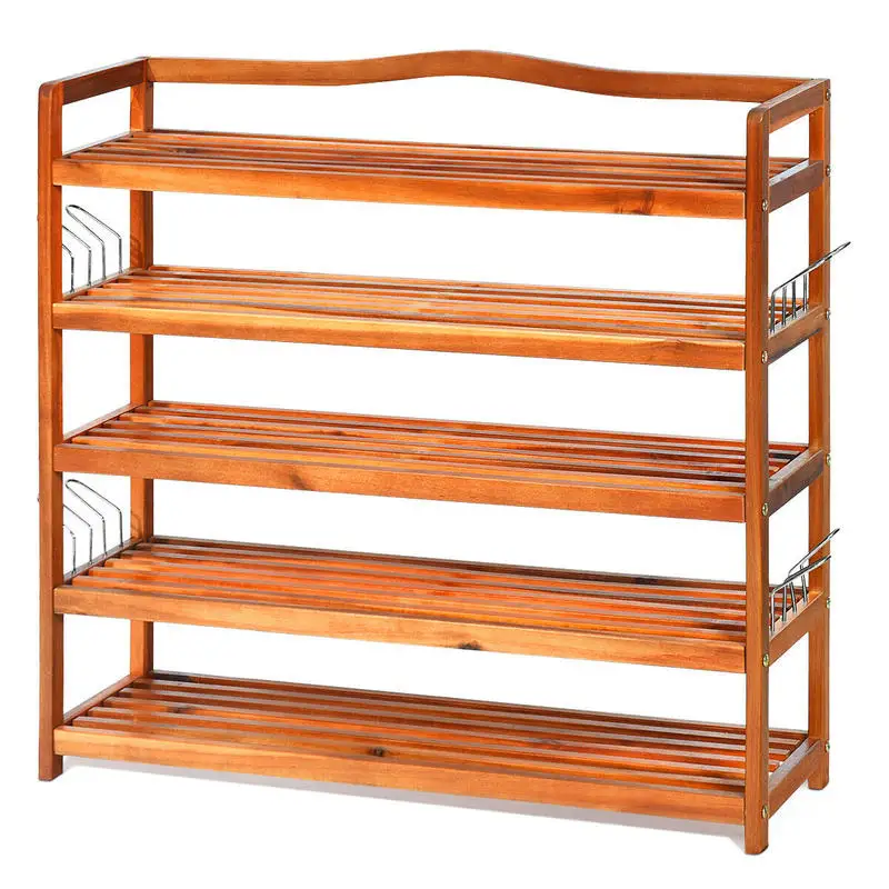 5-Tier Acacia Wood Shoe Rack with 8 Hooks, Adjustable Shelves Large Capacity Storage Organizer for Entryway, Bedroom, Living Room, Natural Finish