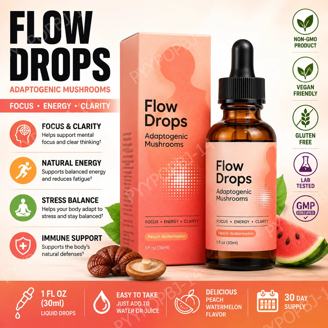 

Mushroom Extract Liquid Drops with Lion‘s Mane, Cordyceps Reishi Plant-Based Wellness Peach Watermelon Flavor 30ml