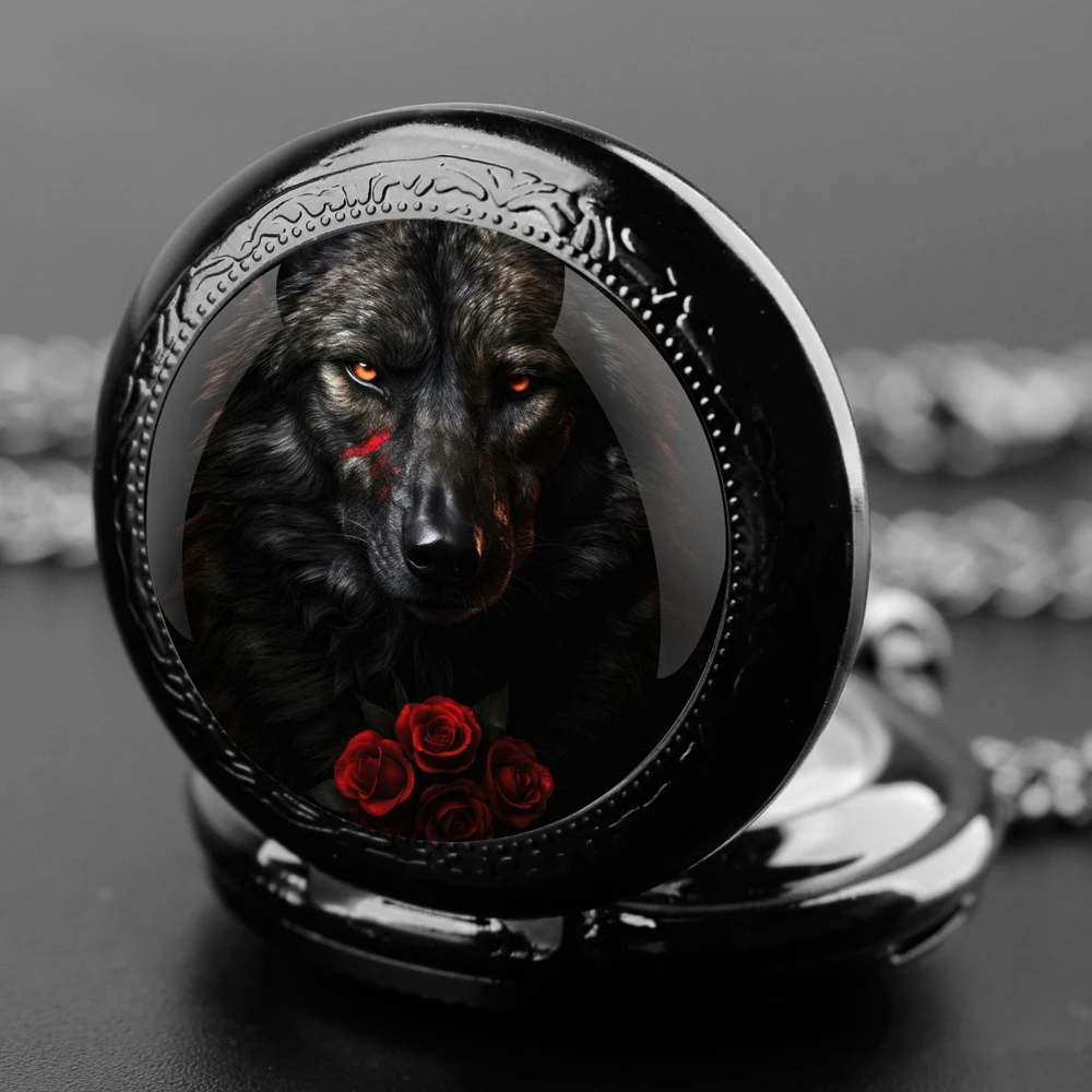 Special Gift Rose Wolf Glass Dome Design Arabic Numerals Quartz Pocket Watch Necklace Pendant Clock Chain Men Women Gifts