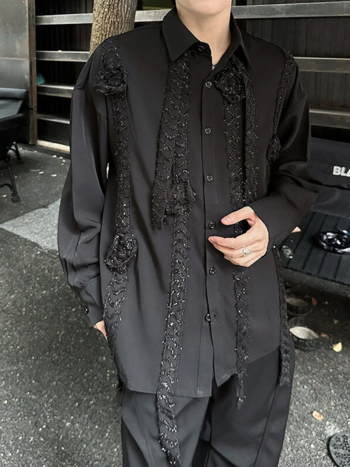 

Spring Autumn Heavyweight Rose Design Night Flower Long Sve irt Jaet Men's Faion Luxury Loose Fit Versatile irt