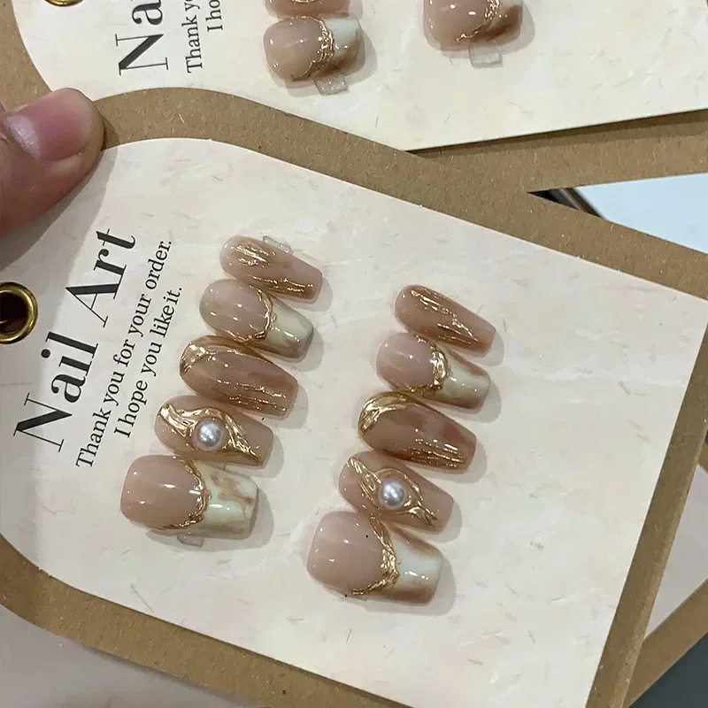 10pcs detachable handmade artificial nails Maillard press on acrylic nails almond brown coffee ballet false nail for fall winter