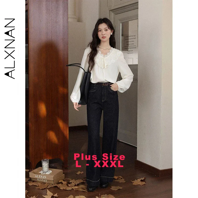 

ALXNAN рубашки больших размеров с кружевной отделкой, осенние рукава-фонарики, галстук-бабочка, новая блузка, дышащая повседневная нежная женская одежда D58618