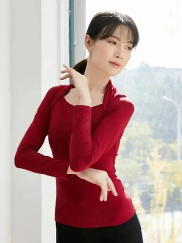 

Womens Classical Dance Top Square Neck Slim Shirt Solid Color Performance Long Sleeve Costume for Stage Rehearsal Practice