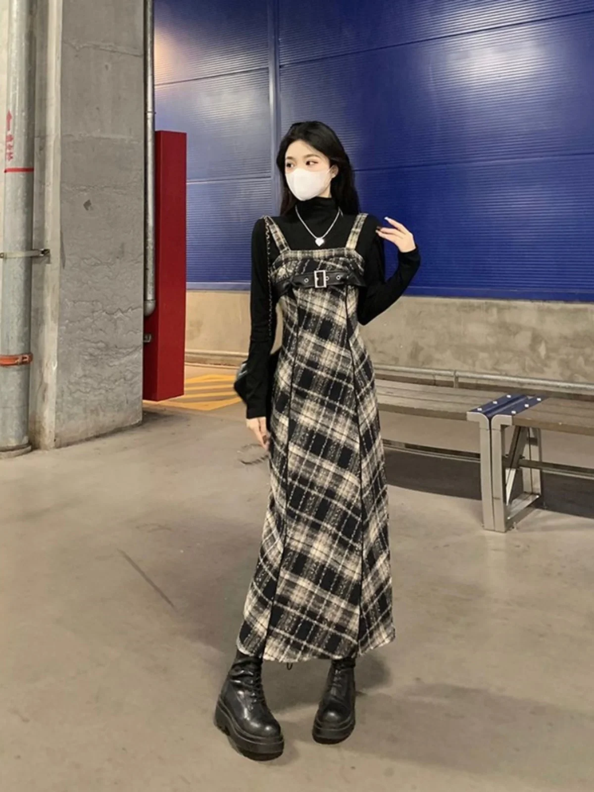 Korean Style Plaid Two-Piece Set Long Dress Women's Fashion Spring Autumn Winter High Quality Base Layer Overlap Dress