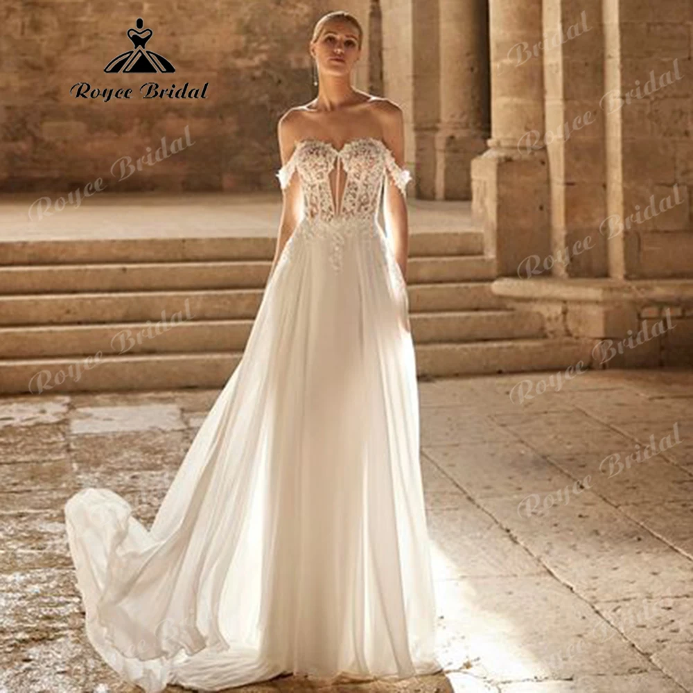 Schulterfreies Brautkleid mit floralem Spitzenmieder, Chiffon, A-Linie, transparenter Rücken, Kapellenschleppe, romantisches Boho-Brautkleid, individuell gestaltet