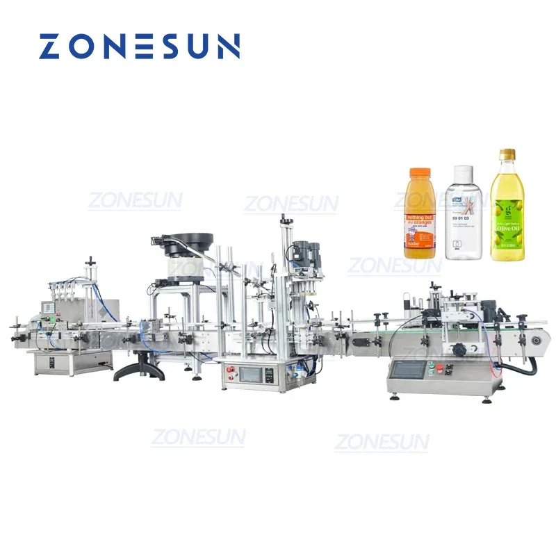 ZONESUN Desktop Automatic 4 Heads Ink Gel Water Liquid Filling Round PET Bottle Capping Labeling Machine With Cap Feeder