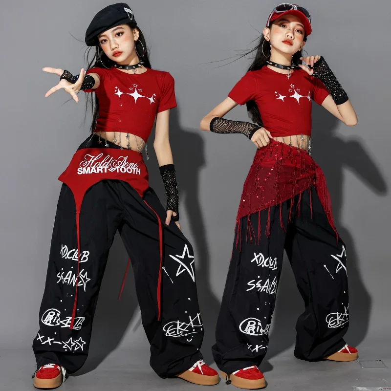 Nuove ragazze Hip Hop Street Dance Costume Rosso Crop Top Pantaloni larghi Performance Abiti da ballo moderni Set Gruppo Jazz Stage Outfit