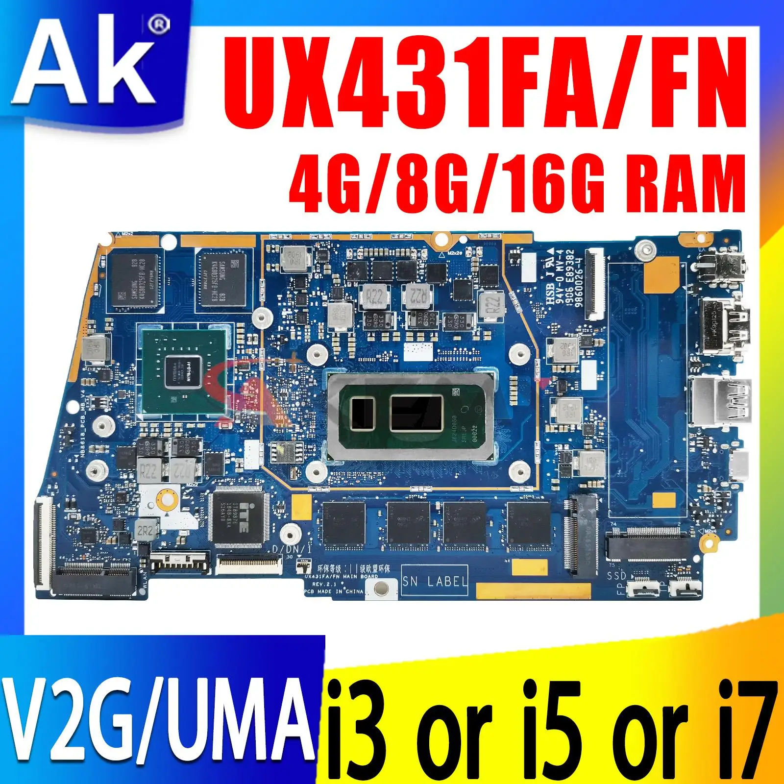 

UX431FA/FN Mainboard UX431FL UX431FLC UX431FAC UX431FN UX431F X431FA Laptop Motherboard I3 I5 I7 8th/10th Gen CPU 4G/8G16G-RAM