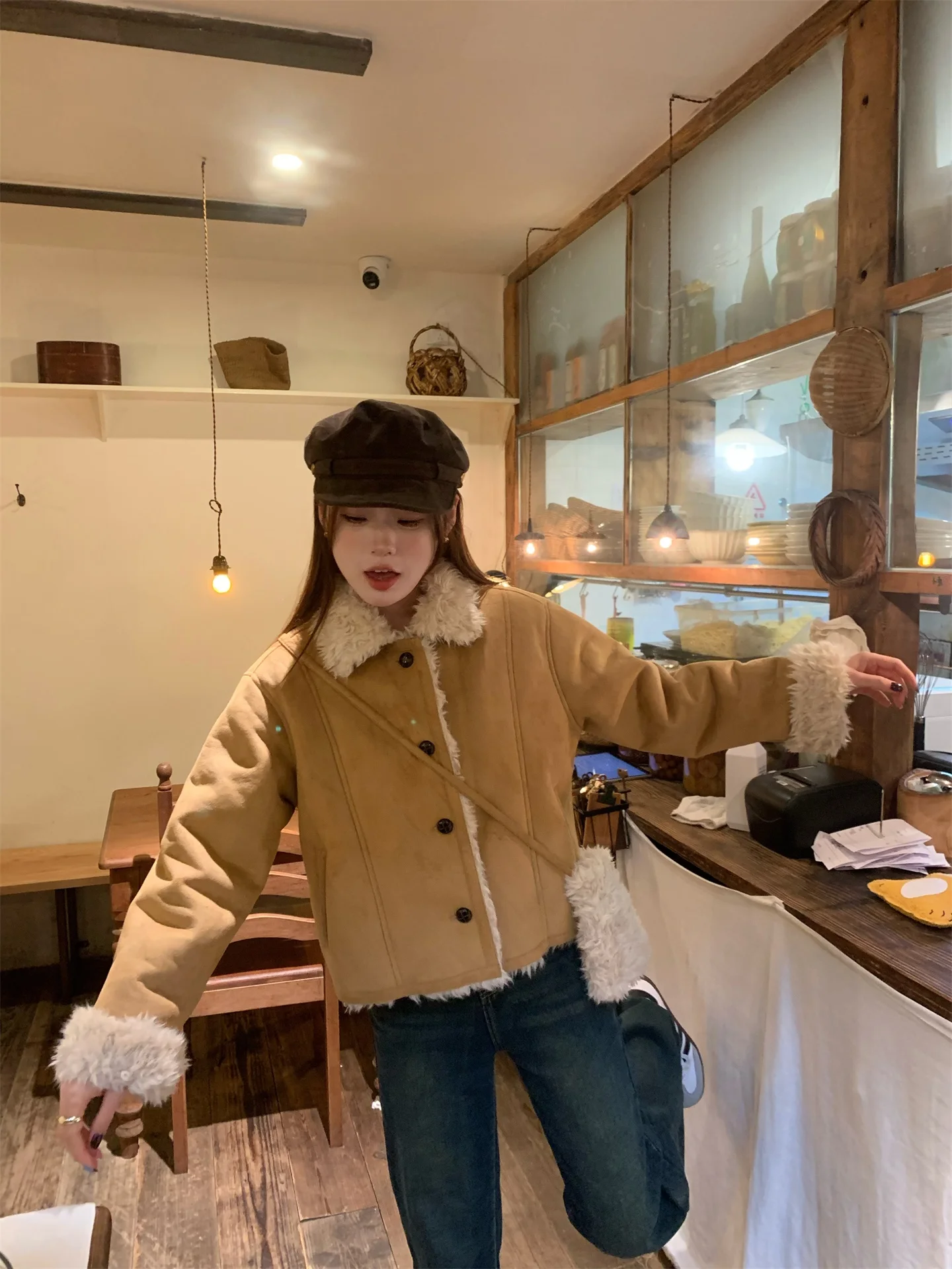 RREPEAT2025 Autumn Winter ort Sle Suede Leather Fur Inteated Jaet Eco Friendly Fur Collar Upturned Ladies Outerwear