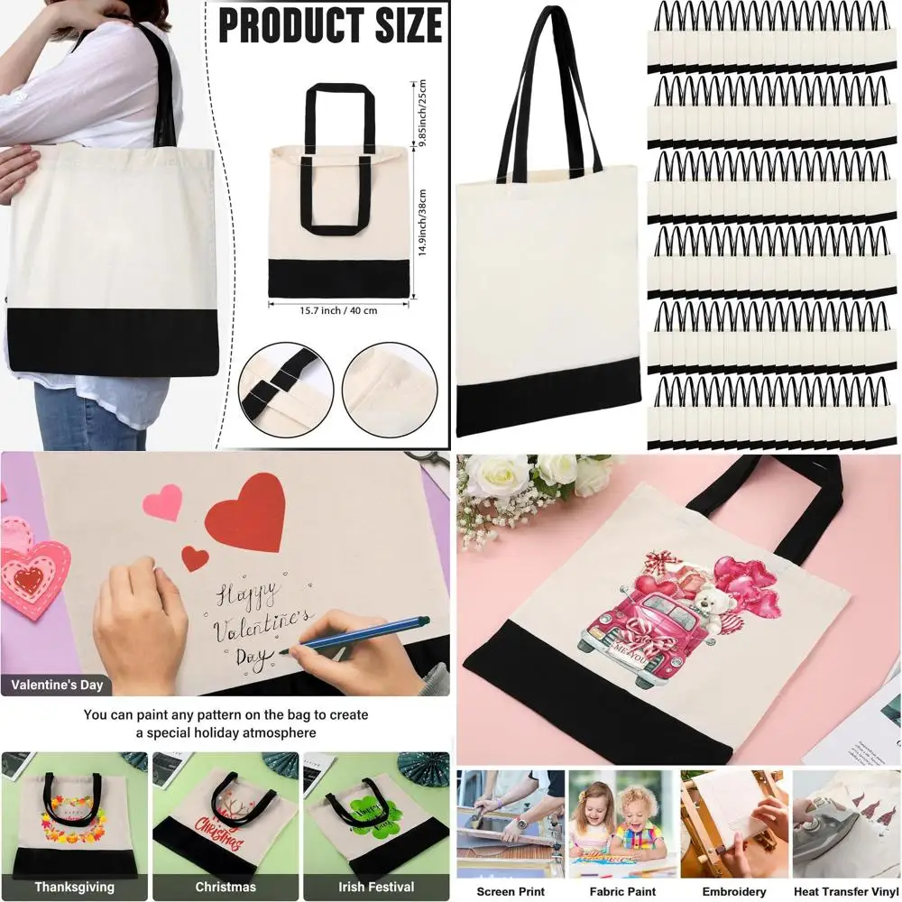 

60 Pack Canvas Tote Bags, 16 x 15, Lightweight Reusable Grocery Bags for DIY Gifts (Black & Natural)