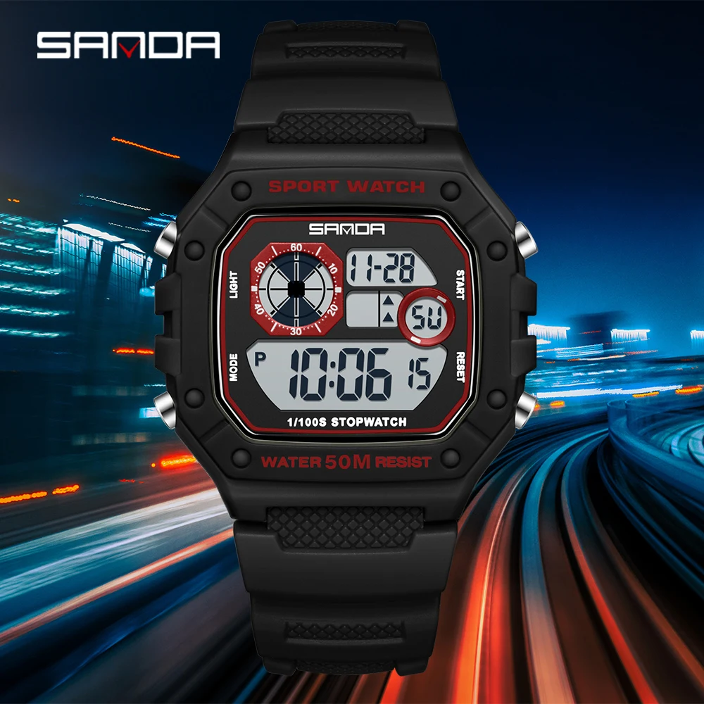 SANDA 2202, электронные водонепроницаемые часы с ночным свечением, спортивные мужские легкие квадратные классические модные электронные часы Rel ó gio mulher