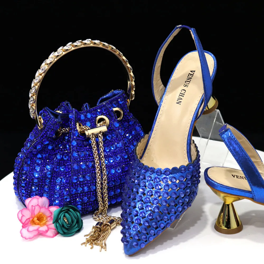 

Royal Blue Party Pointed High-heeled Sandals, Women's Matching Rhinestone Handbag Bucket Full Of Diamonds Purses Luxury Designer