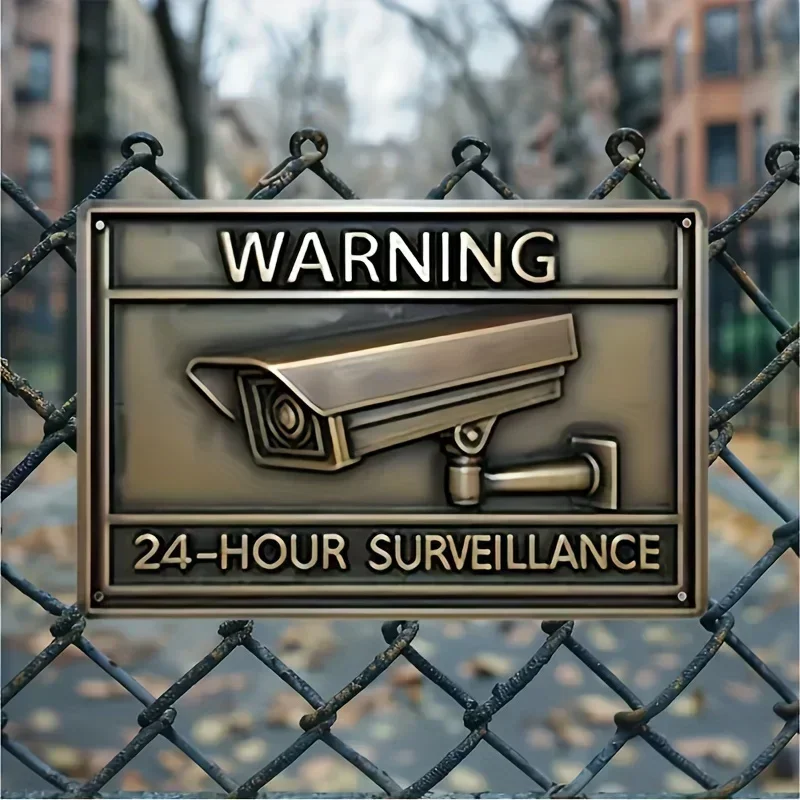 2D 1PC Surveillance Warning Sign - Durable Tinplate with Camera Graphic,  Farmhouse Decor - 24-Hour Video Security Alert