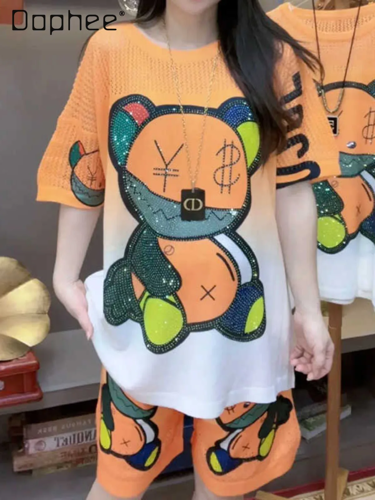 Cartoon Fashion Shorts Suit 2024 Summer Bear Rhinestone Hollow Short-Sleeved Shirt Top and Shorts Two Piece Sets Womens Outifits