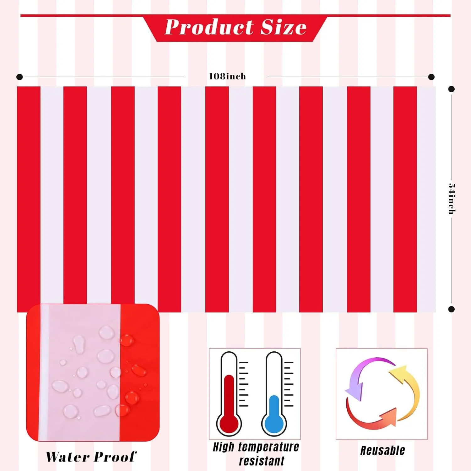 3 Packs Red and White Horizontal Striped Tablecloth 54 x 108 Inch Carnival Circus Theme Party Table Cloths Decorations
