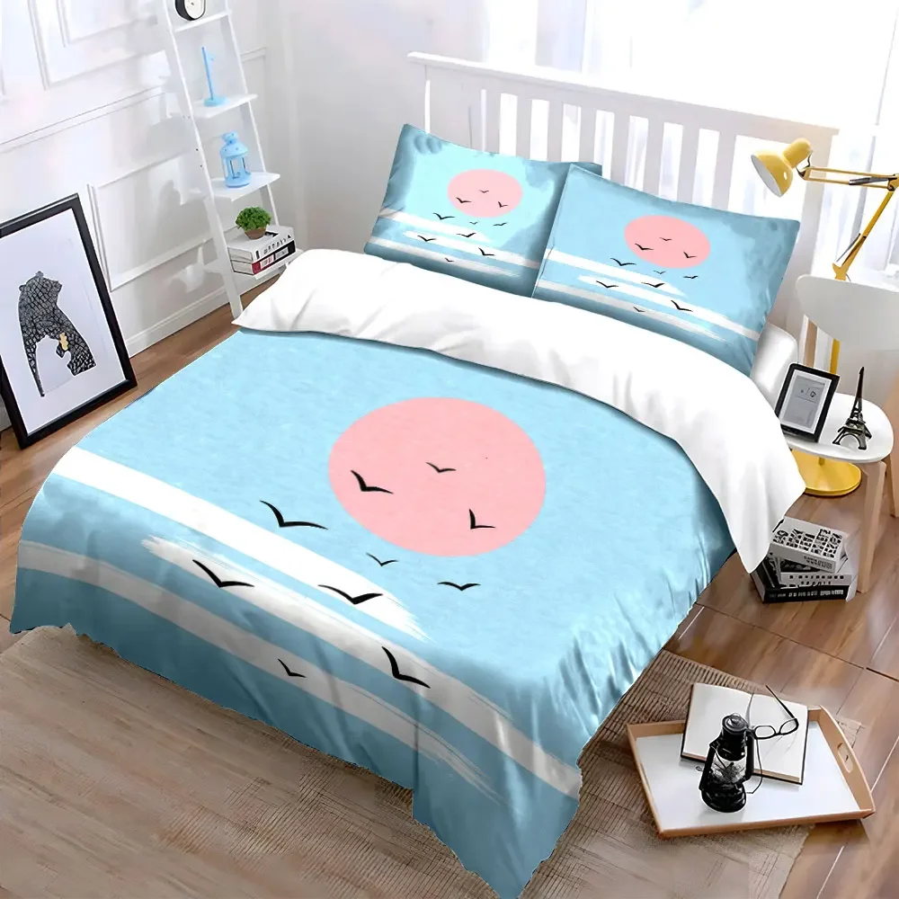 3Pcs Minimalist Sunrise Bedding Set, Pink Sun and Flying Birds Print Duvet Cover + 2 Pillowcases, Exquisite bedding decor gift