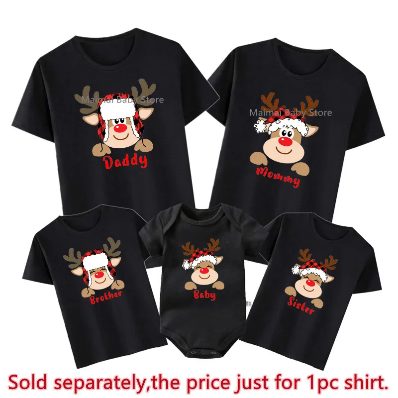 New Deer Print Family Christmas Shirts Cotton Dad Mom Brother Sister T-shirts Baby Rompers Family Look Xmas Party Tops Outfits