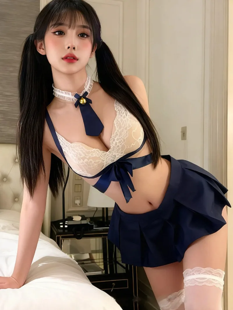 مجموعة موحدة JK لطيف صغير الصدر لينة جرس مثير طالب قصيرة مطوي تنورة عارية الذراعين العميق الخامس الحمالات أكمام تنورة مجموعات X5DM