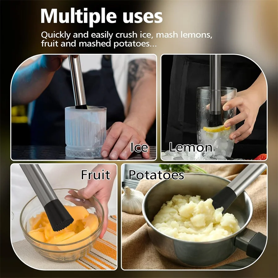 Stainless Steel Crushed Ice Hammer Multifunctional Popsicle Sticks Cocktail Swizzle Stick Fruit Lemon Muddle Pestle Bar Tools