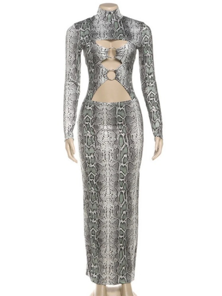 Leosoxs-vestido Sexy con estampado colorido para mujer, hebilla de Metal hueca, manga larga, tendencia de otoño, ropa de calle de noche, ceñido largo elástico