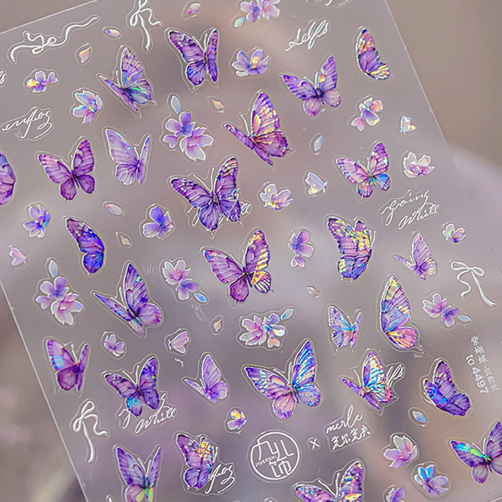 Lila Schmetterling 5D Nail Art Aufkleber Funkelnde Blütenblätter Schleife Charmante Flügel Chic Selbstklebende Dekoration Maniküre Aufkleber DIY