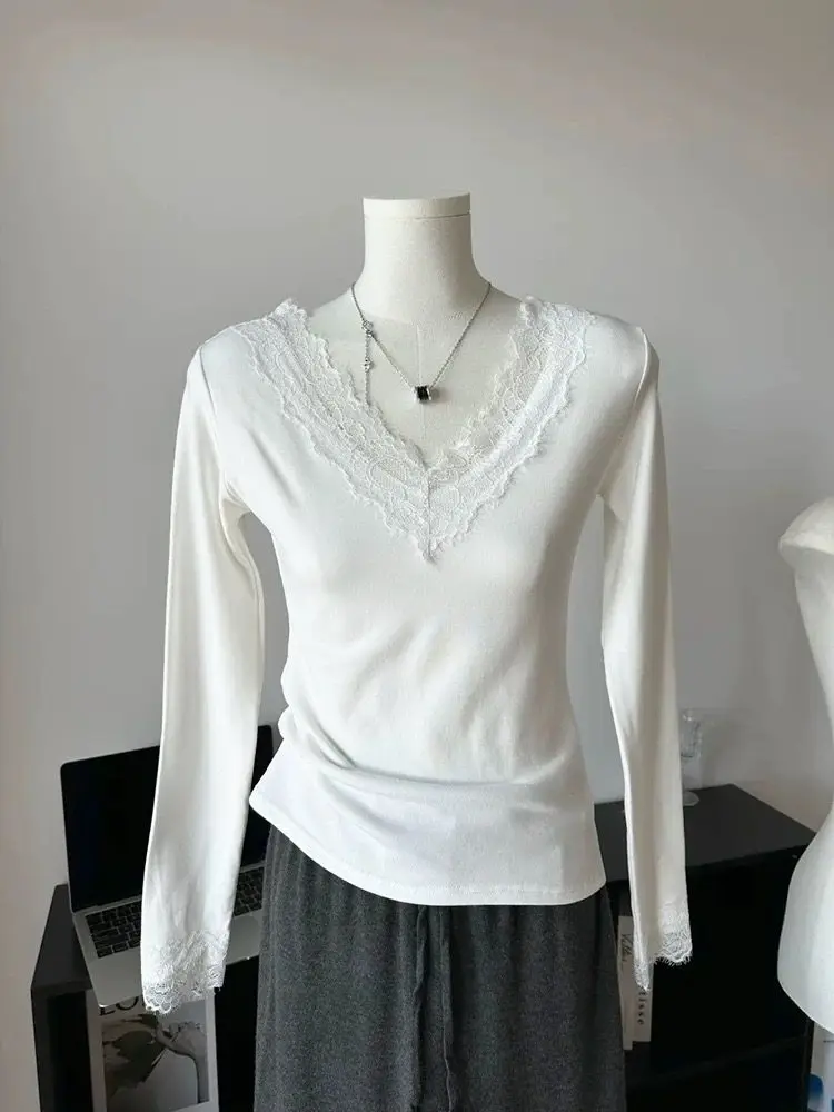 

Women's Long Sleeve V-Neck Base Shirt 95 Cotton Slim Fit Inner Wear T-Shirt plus Size Outerwear Spring Autumn New Style