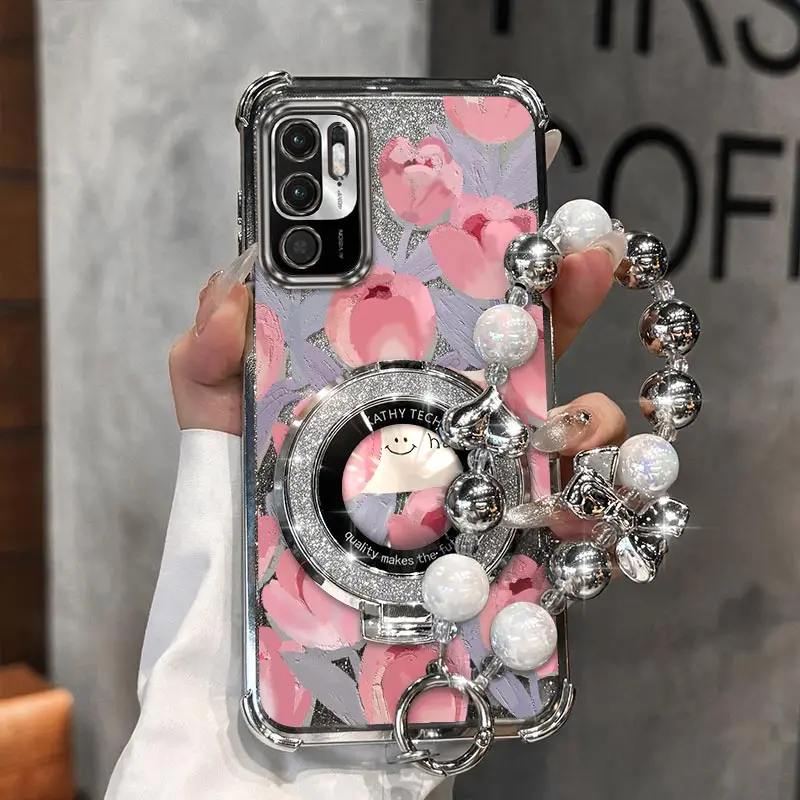

M3Pro Pink tulip Plating Bracelet Holder Phone Case For Xiaomi Poco M6 F6 X6 X7Pro M6Pro C65 X3 M2 C55 M5S X3Pro C75 X3NFC Cover