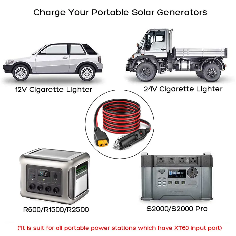 3m/1.5m 12AWG Sigarettenaansteker voor XT60 Adapter Kabel voor ALLPOWERS R600 R1500 R2500 S2000 Pro Ecoflow Delta/River Anker.