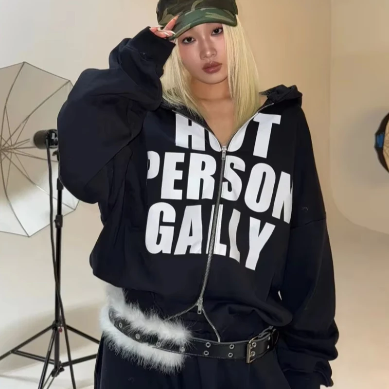 Harajuku Full-Zip Design Leisure Hoodie Edgy Streetwear Y2K Aesthetic Commute Women's Oversized Sweatshirt Autumn Winter Models - view 3