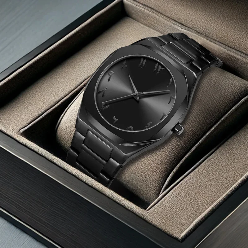 1 قطعة ساعة كوارتز بشريط أسود للرجال بتصميم بسيط ومتعددة الاستخدامات ومؤشر رقمي فريد من نوعه