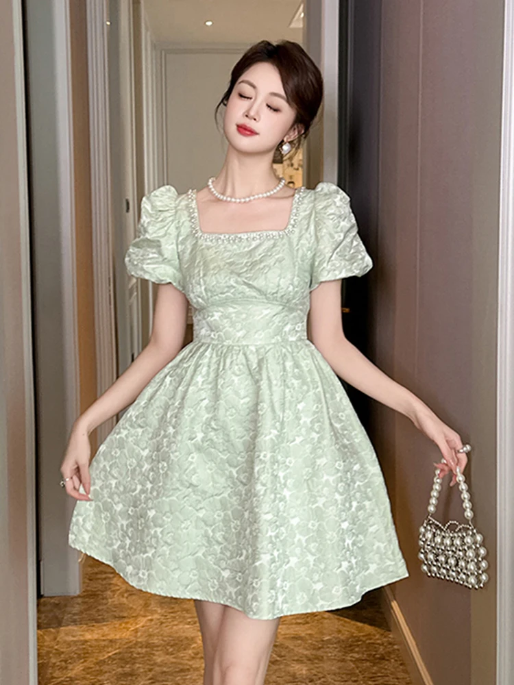 Sweet Floral Pearl Square Collar A-Line Short Dress Women Clothes Vintage Puff Sleeve Corset Slim Party Birthday Vestidos Fiesta