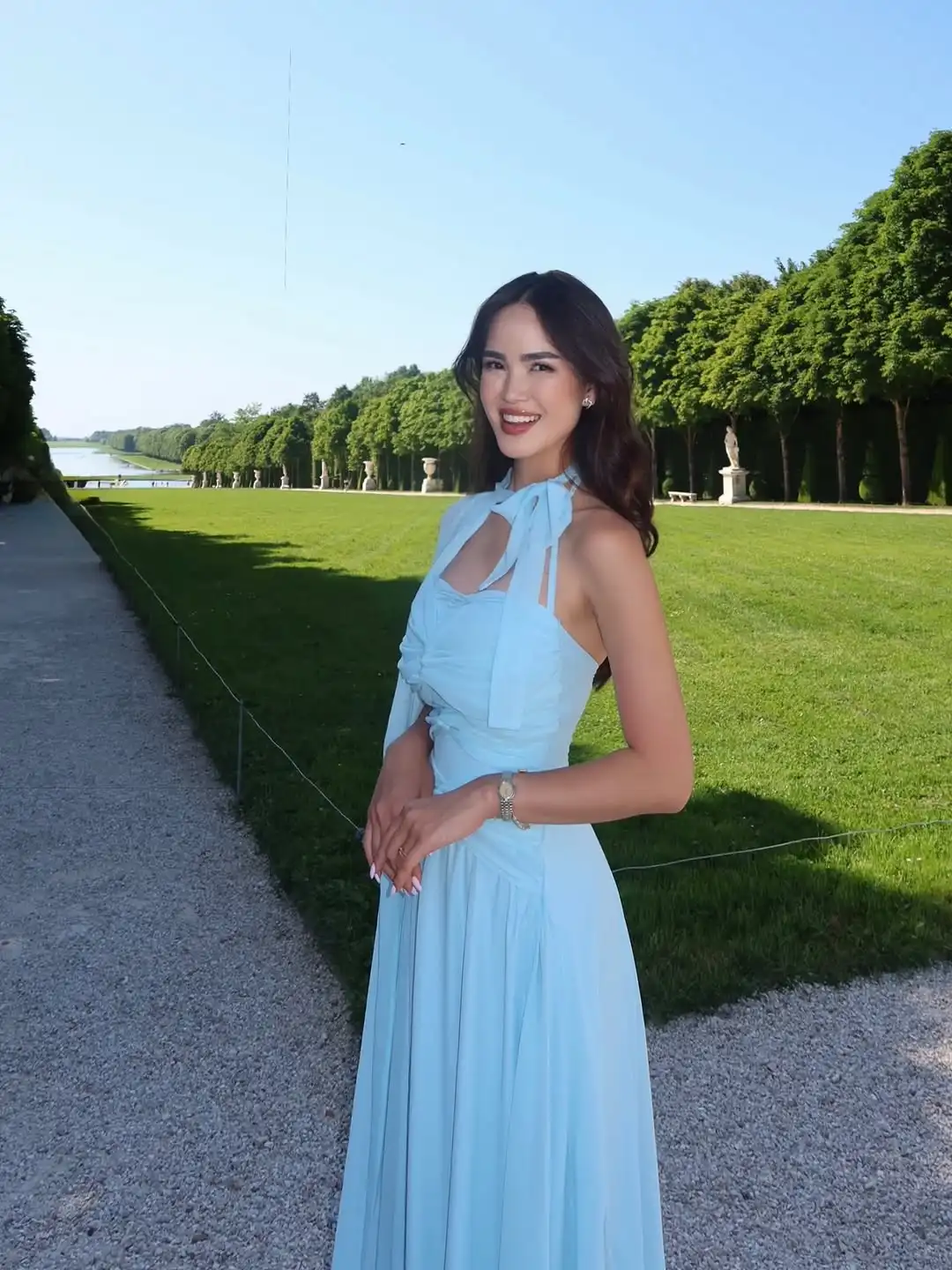 Chic Sky Blue Chiffon Halter Neck Maxi Dress with Keyhole Cutout & Flowy Cape Sleeves | Custom Evening/Prom/Wedding Guest Dress